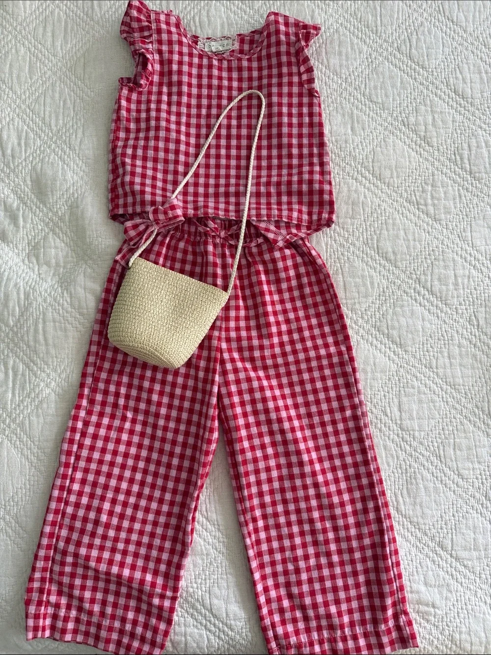 Btween Pink Gingham Wide-Leg Pants and Top and denim floral pink pinafore Sz 5
